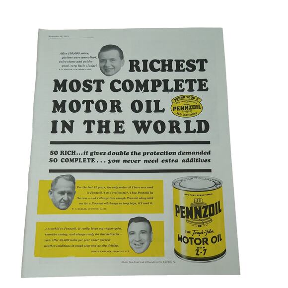 Pennzoil Motor - Oil Can / Richest Oil in World - Vtg 1961 PRINT AD Ephemera - Picture 9 of 9